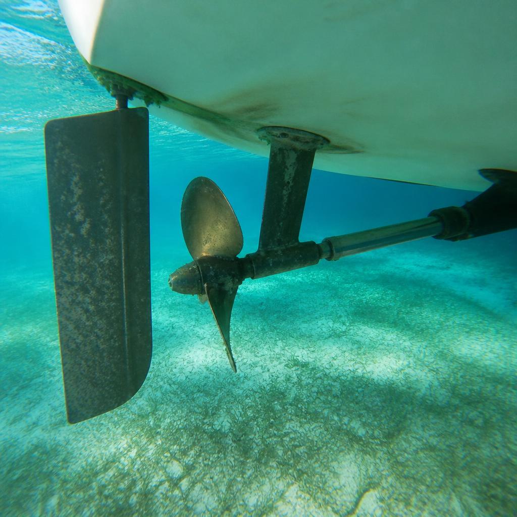 Boat running gear, propeller and rudder, underwater